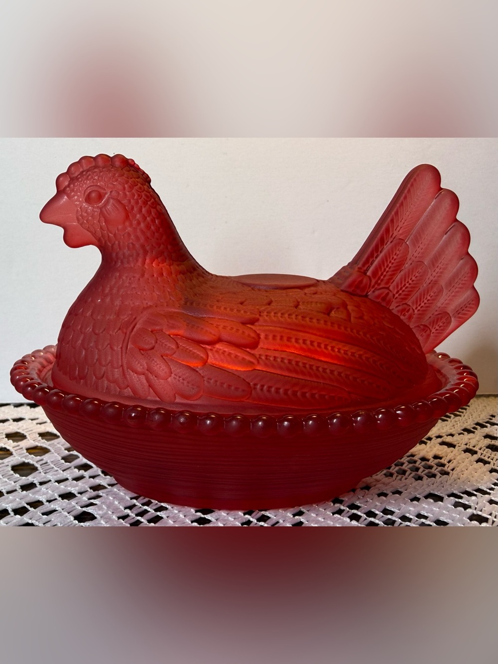 Red Glass Hen on Nest
